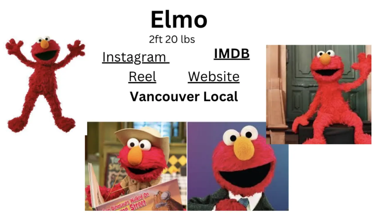 An example pitch for Elmo: four photos of him around his name, height and weight, links to his Instagram, IMDb, reel and website, and Vancouver Local.